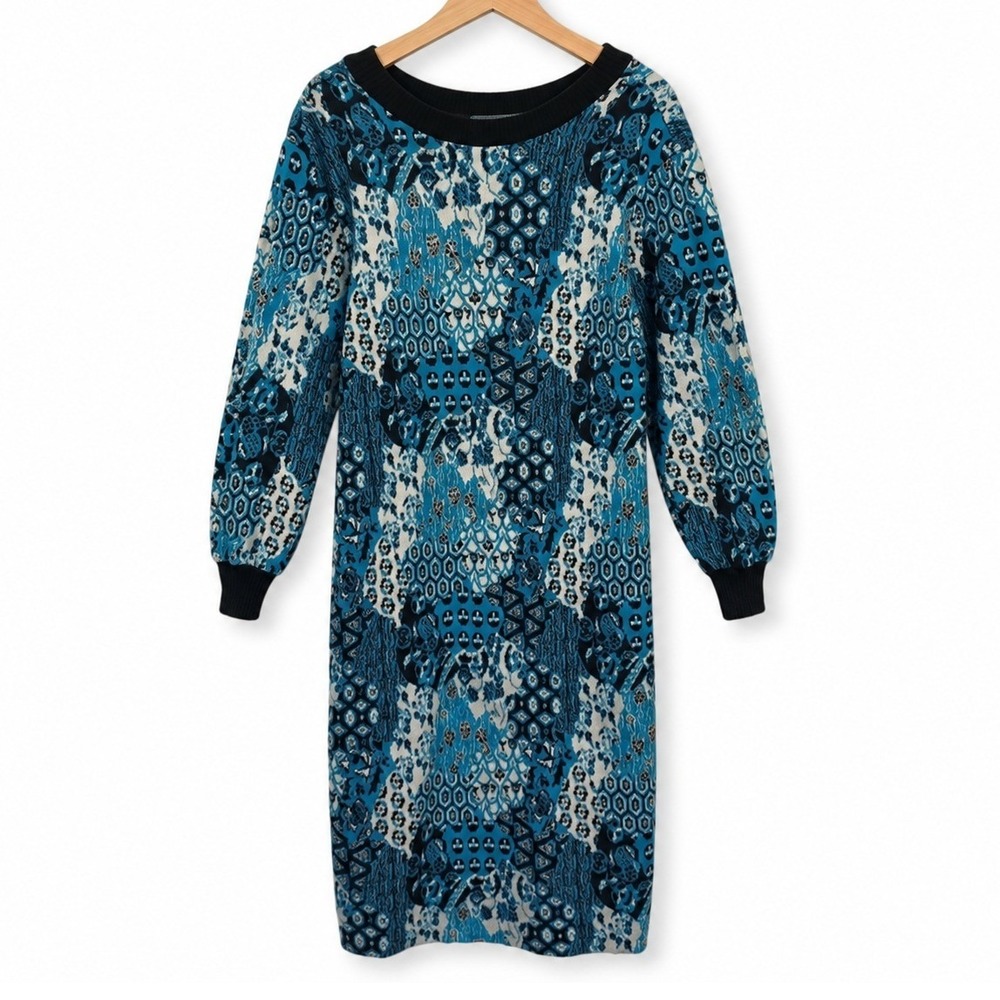 Vintage Molly B Knit Dress Womens Size M Blue V Neck Back Patterned Casual Comfy